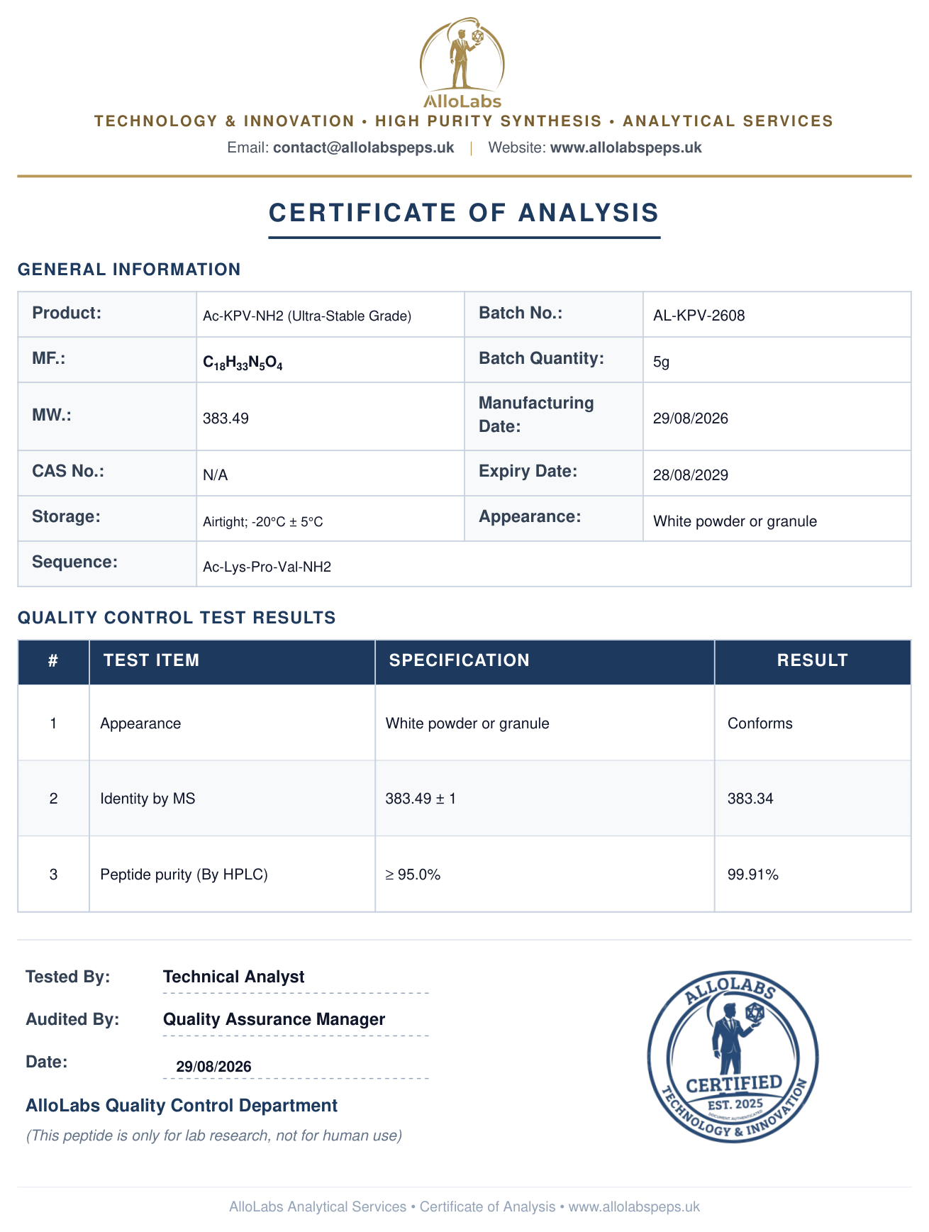Ac-KPV-NH2 (N-Acetyl KPV Amidate)(Ultra Stable Grade) — AlloLabs UK premium box