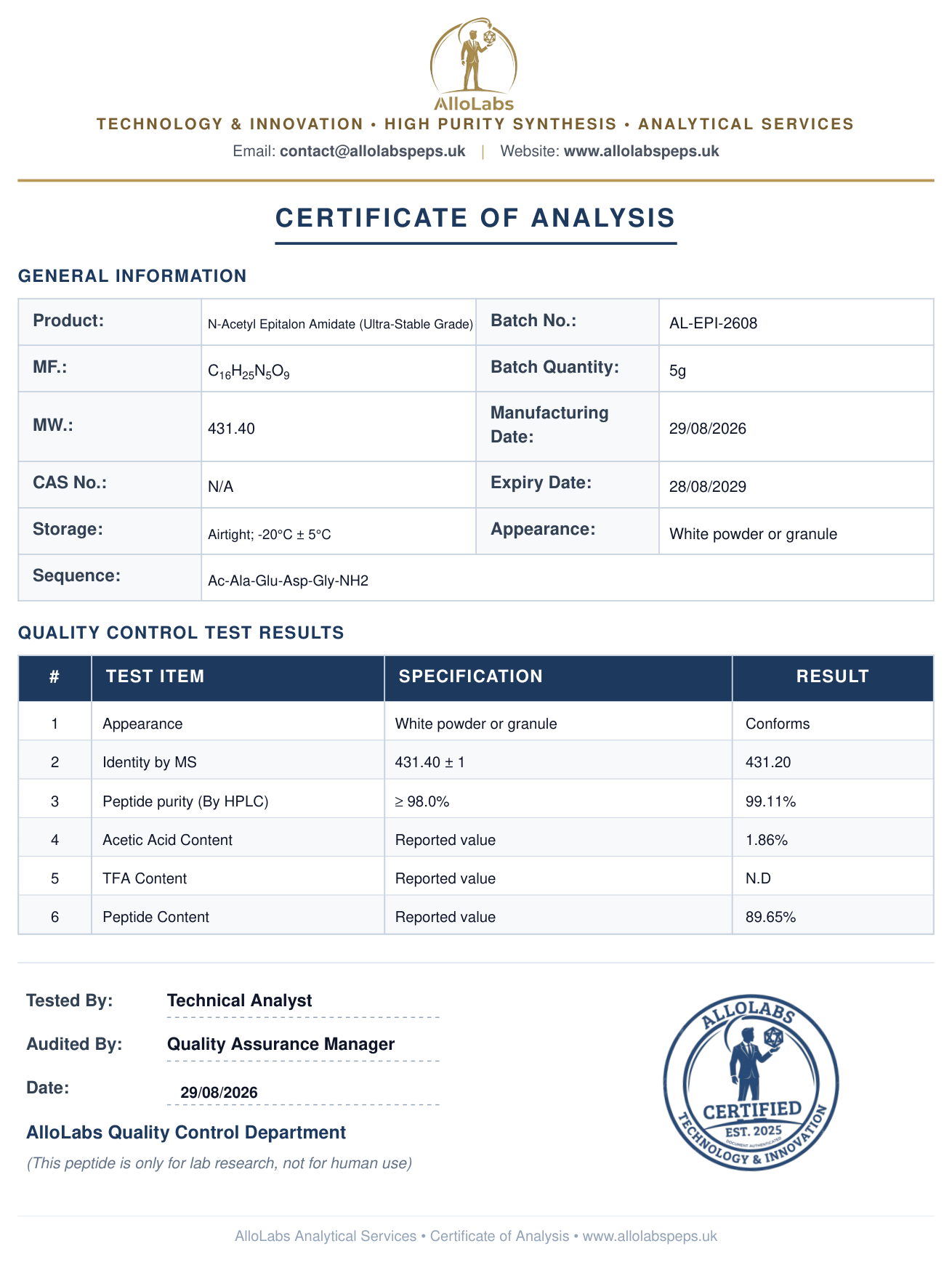 NA-Epitalon Amidate (Ultra Stable Grade) — AlloLabs UK premium box