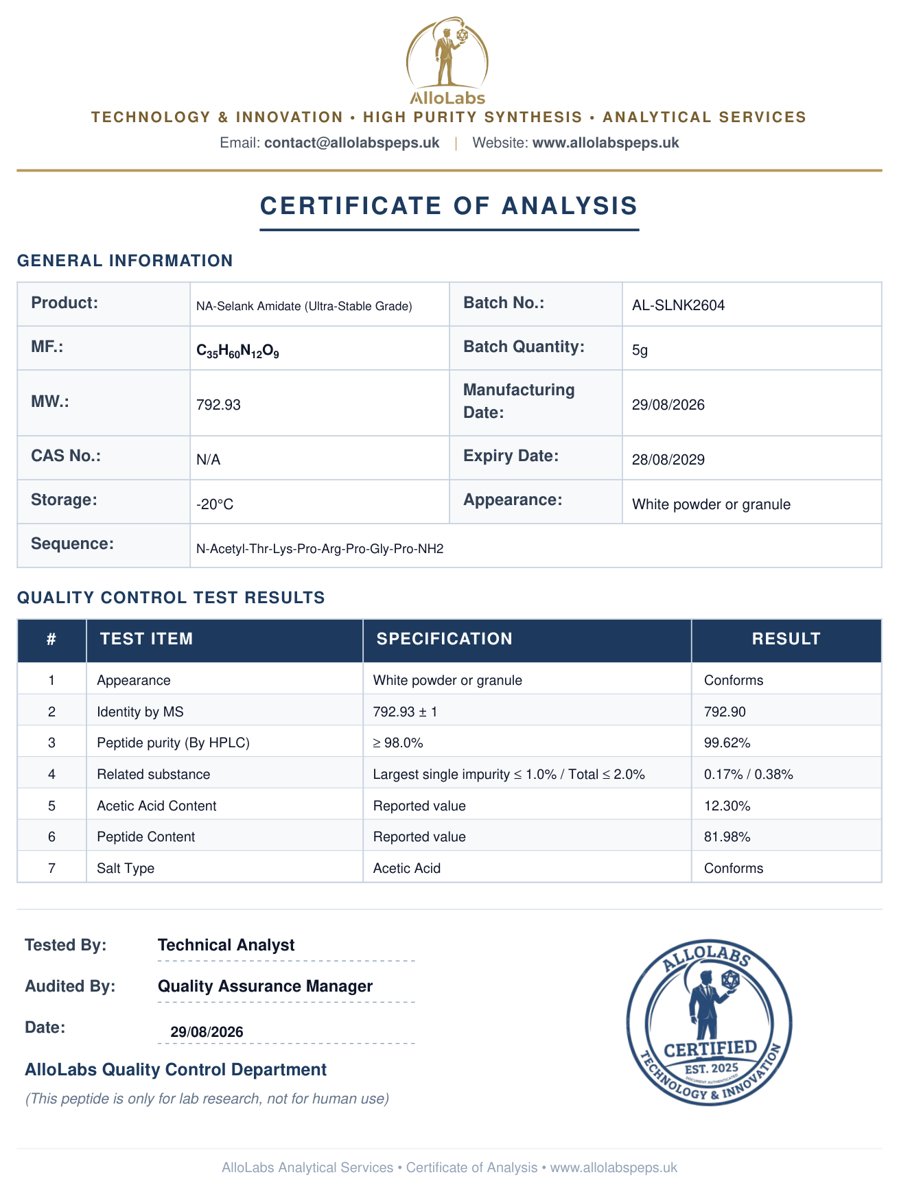 NA-Selank Amidate (Ultra Stable Grade) — AlloLabs UK premium box